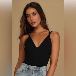Lulus Point Of View Black Ribbed Sleeveless Bodysuit - Size XS